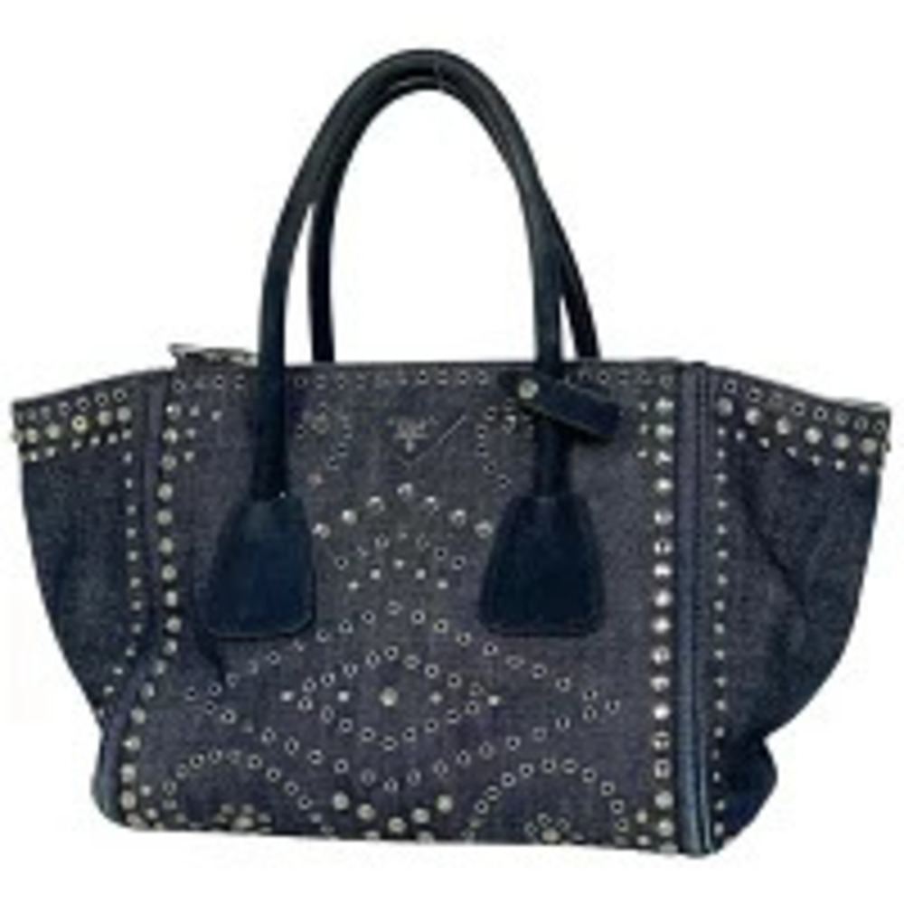 Prada Plate Handbag Studs Jewel Tote Bag Denim Blue